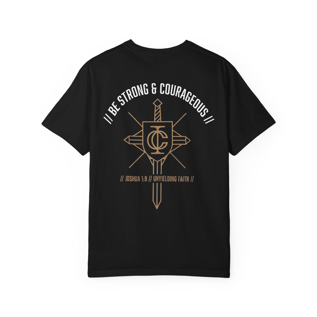 Be Strong & Courageous Joshua 1:9 Tee — Christian Sword & Shield Logo