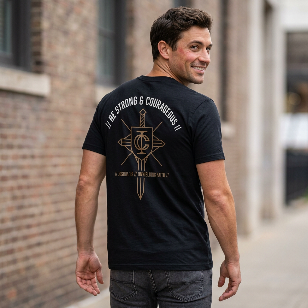 Be Strong & Courageous Joshua 1:9 Tee — Christian Sword & Shield Logo